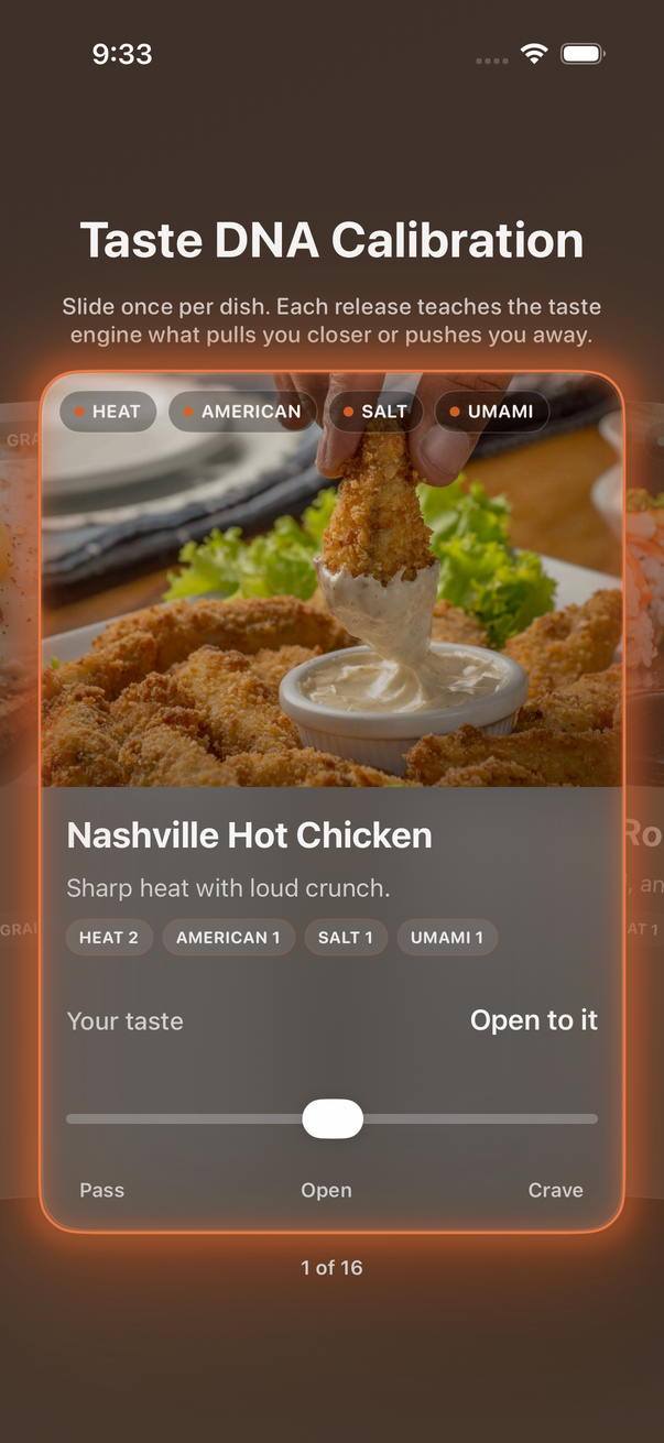 Native iOS teach your taste screen in Ember mode with sample content