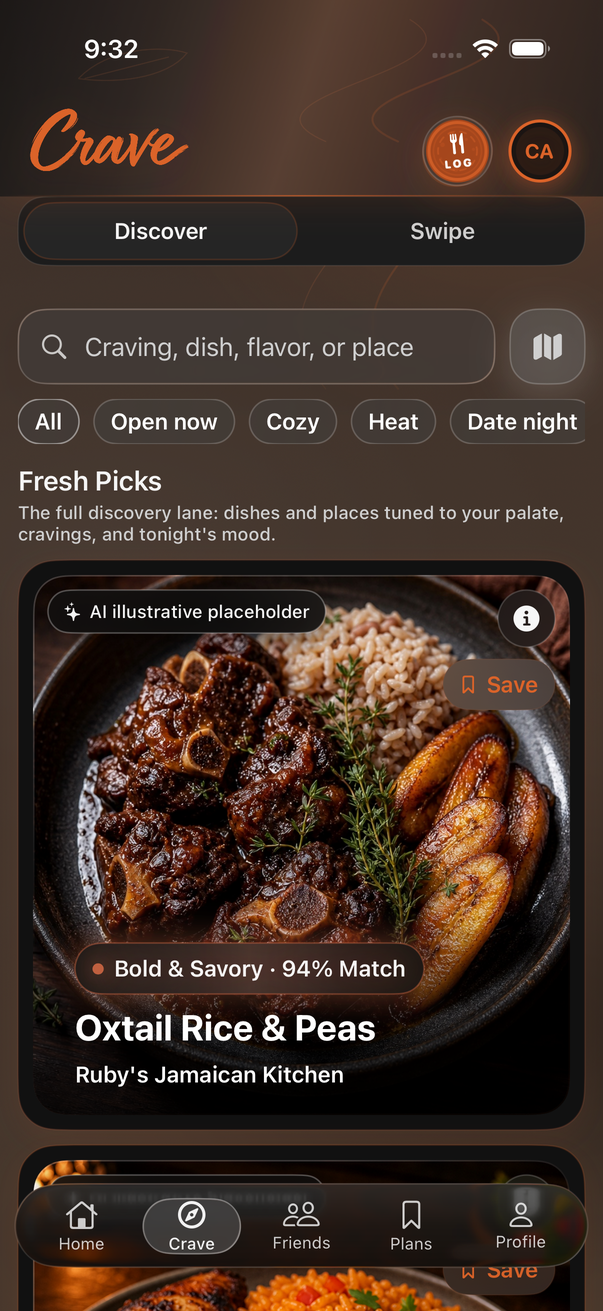 Native iOS Crave screen in Ember mode with illustrative food content and sample scores