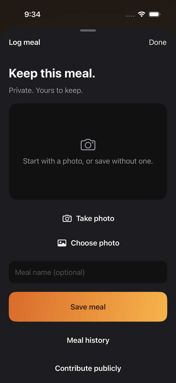 Native iOS keep a meal privately screen in Ember mode with sample content