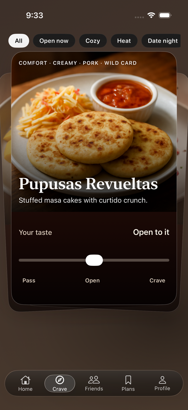 Native iOS Swipe screen with the dot-free rating bar, in Ember mode with illustrative food content