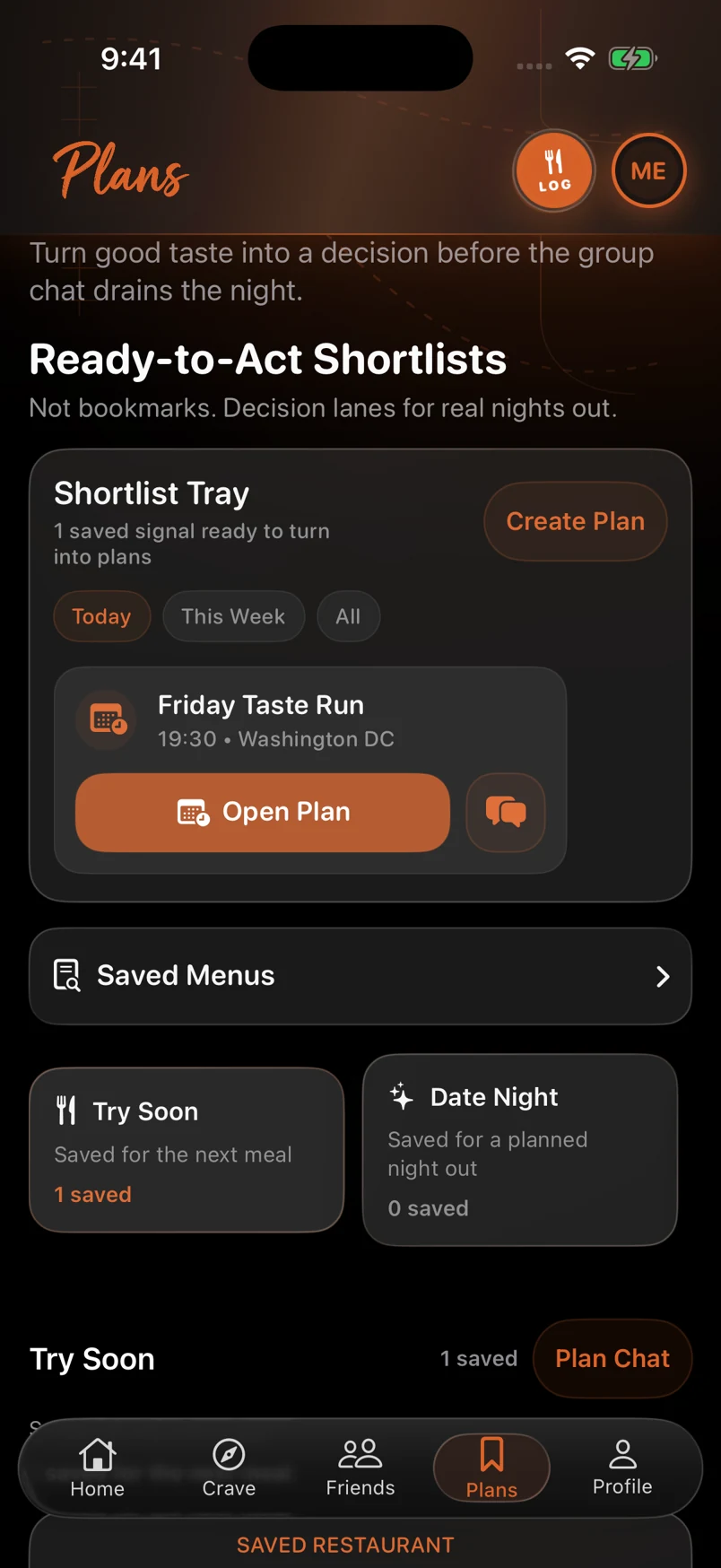 Native Plans screen with sample saved plans, captured August 31, 2026