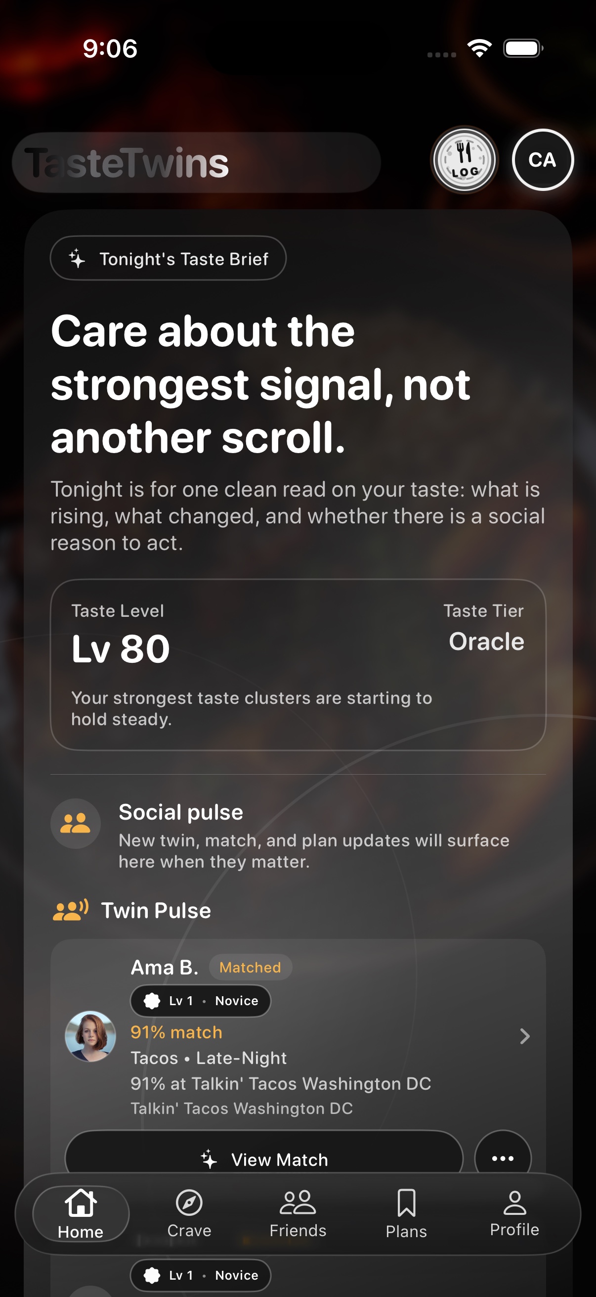 TasteTwins Home Feed in Neutral mode